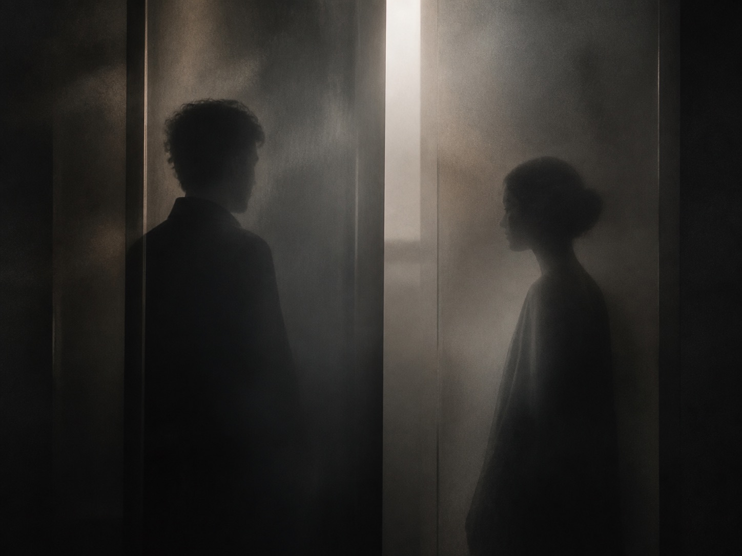 Two silhouettes facing each other behind smoked glass panels
