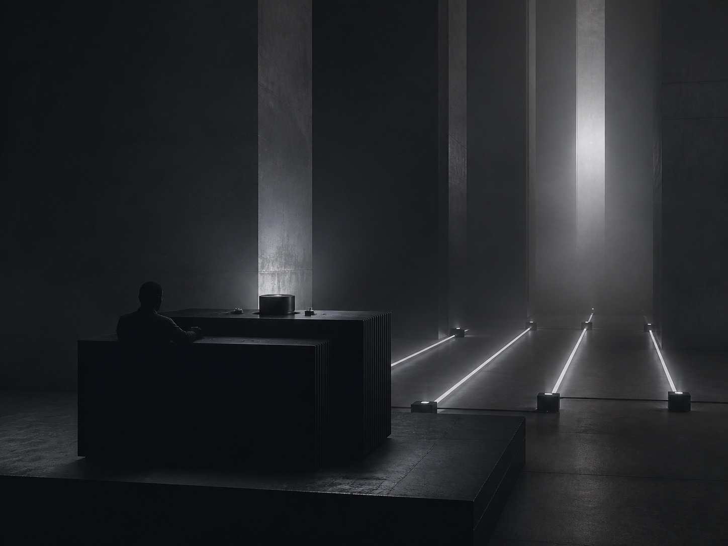 A figure seated at a console in a dark hall crossed by lines of light