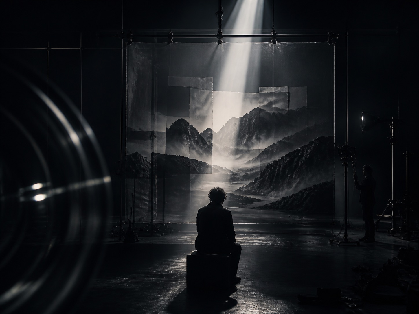 A figure seated before a mountain landscape assembled in layers in a dark studio